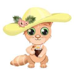 Red cat in a yellow hat with a coconut cocktail in his paws, isolated on a white background. Vector illustration of a cat for summer beach designs, textiles, cards.