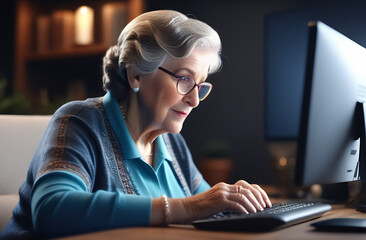 Grandmother with glasses working on computer