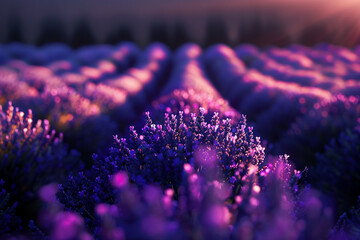 A mesmerizing 4K photograph of a field of lavender in full bloom, with rows of purple flowers stretching towards the horizon, emitting a soothing fragrance.