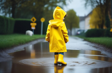 A child in yellow raincoat and boots is walking outside
