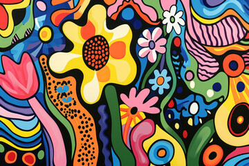 Vibrant floral abstract painting with colorful flowers and objects centered around a large flower