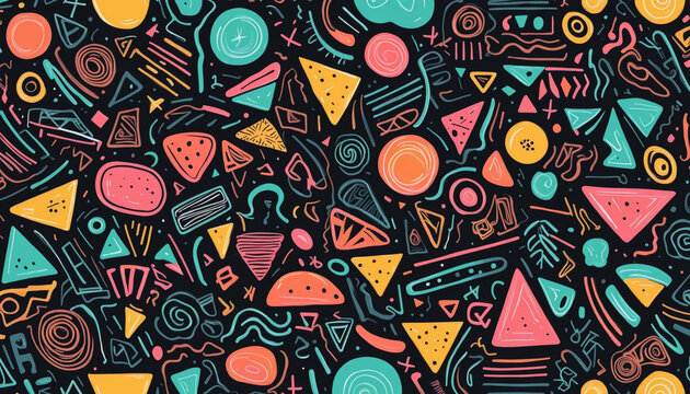 Fun colorful geometric shape doodle   pattern. Creative 90s style art background, trendy design with abstract color shapes on black backdrop. Repeat texture wallpaper print bright colors