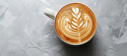 Exquisite flat white coffee flower latte art displayed on a clean white tabletop - obrazy, fototapety, plakaty