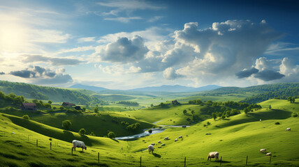 A panoramic view of a peaceful countryside with rolling hills and grazing livestock.
