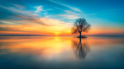 Picturesque view of lonely tree growing and reflecting in tranquil lake on setting sun.