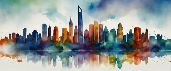 for advertisement and banner as City Skylines Showcase the architectural marvels of modern cityscapes. in Fresh Landscape theme ,Full depth of field, high quality ,include copy space on left, No noise