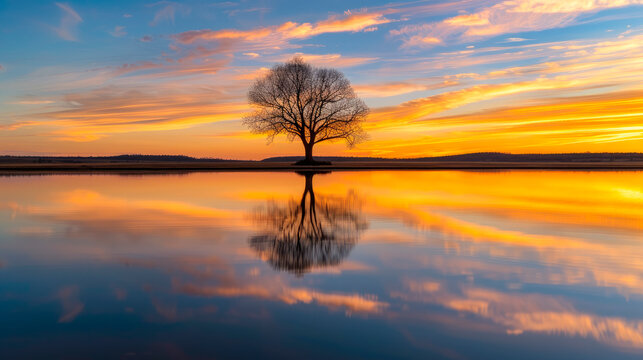 Picturesque view of leafless lonely tree growing and reflecting in tranquil lake on setting sun.