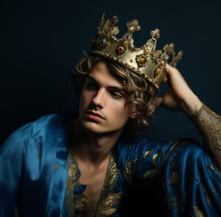 Studio shot of a richly garbed king sitting on a throne holding his scepter. Generative AI.