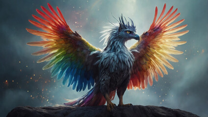 A mesmerizing, ethereal creature with wings of swirling mist and shimmering rainbow feathers, its body a graceful blend of feline and avian features. - obrazy, fototapety, plakaty