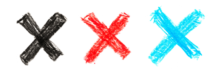 A set of crosses drawn in black, blue and red pencils isolated on a transparent background. A symbol for illustrations, logos and graphics.