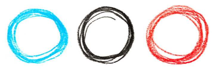 A photo set of circles drawn with blue, black and red pencils isolated on transparent background.