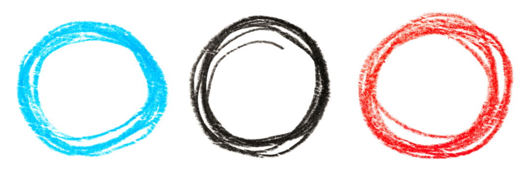 A photo set of circles drawn with blue, black and red pencils isolated on transparent background.