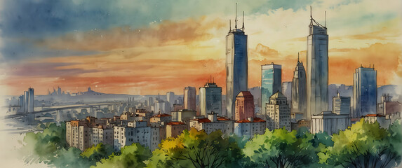 for advertisement and banner as Cityscape Wash Urban skylines meet the fluidity of watercolor washes. in watercolor landscape theme theme ,Full depth of field, high quality ,include copy space on left - obrazy, fototapety, plakaty