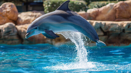 Fototapeta premium A playful dolphin jumping out of the water, its sleek body glistening in the sunlight.