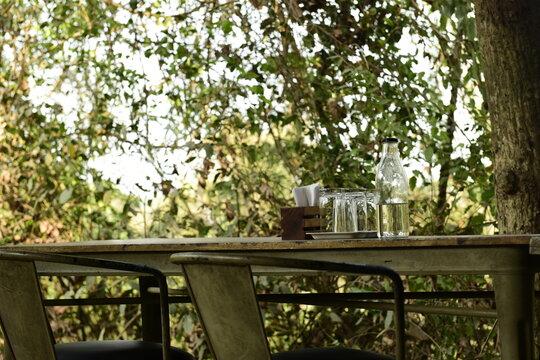 Outdoor seating for two at a restaurant table