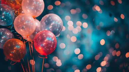 Vibrant balloons and confetti soaring against a dark background - obrazy, fototapety, plakaty