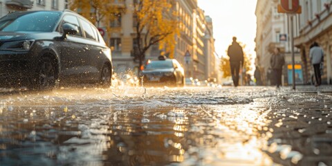 Obraz premium A car drives down an urban street lined with tall buildings, surrounded by a bustling cityscape