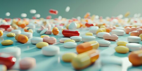 A table covered with an assortment of colorful pills and capsules spread out - 777103927