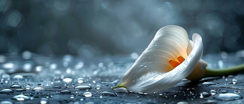 Condolences card with calla flower on black background space for copy. Concept Sympathy Messages, Calla Lily Design, Black Background, Elegant Greeting, Space for Copy