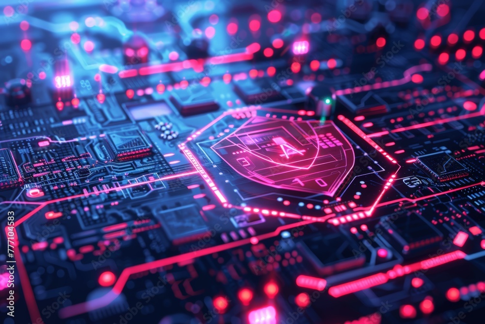Poster cybersecurity software interface with advanced ai, showing a digital shield protecting a network of 