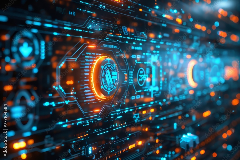 Poster cybersecurity software interface with advanced ai, showing a digital shield protecting a network of 