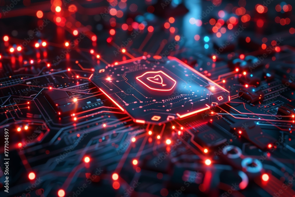 Poster cybersecurity software interface with advanced ai, showing a digital shield protecting a network of 