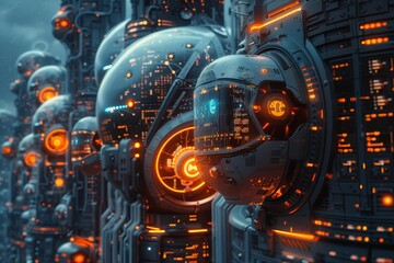 Cybersecurity robots analyzing and patching vulnerabilities in real-time, their actions illuminated by the pulsating lights of a future world's command hub. Spherical drones in alignment,