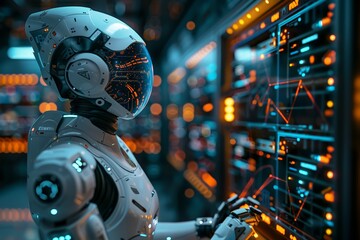 Cybersecurity robots analyzing and patching vulnerabilities in real-time, their actions illuminated by pulsating lights of future world's command hub. Single mechanoid interfaces with complex server