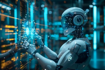 Cybersecurity robots analyzing and patching vulnerabilities in real-time, their actions illuminated by pulsating lights of future world's command. Synthetic cybernetic hands towards glowing screens, - obrazy, fototapety, plakaty