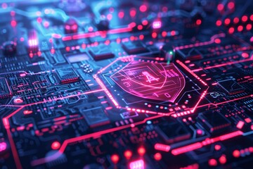 Fototapeta premium Cybersecurity software interface with advanced AI, showing a digital shield protecting a network of computers, Close-up view of a circuit board highlights intricate pathways, ablaze with crimson