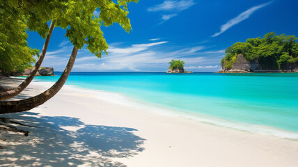 A pristine beach with crystal-clear turquoise waters and powdery white sand.