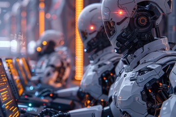 Robotic entities line up at a high-tech facility, basking in the neon glow of advanced circuitry and machinery. In an array of artificial intelligence, cybernetic figures rest in a chamber, - obrazy, fototapety, plakaty
