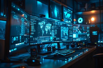 command station brims with sophisticated monitors, showcasing intricate maps and data for global surveillance. Screens flood a control room with detailed analytics and geographic patterns, - obrazy, fototapety, plakaty