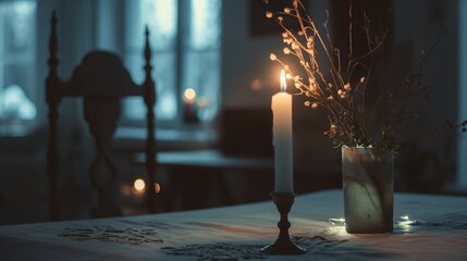 dark room at winter with a chair and a candle burning on the table. 