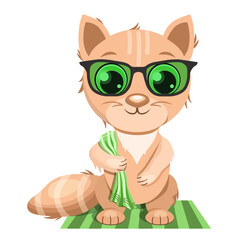 Green-eyed ginger cat with a towel in its paws and sunglasses on a white background.Pet vector illustration for summer designs.