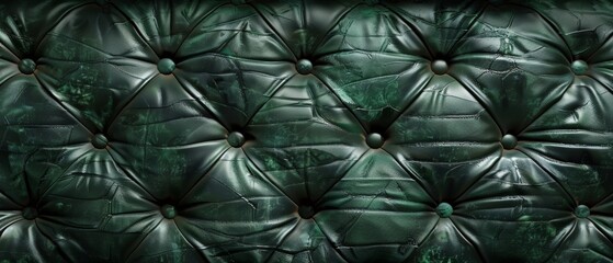 Fototapeta premium An intricate and mesmerizing close-up of a tufted green leather surface, showcasing the sculptural depth, intricate stitching patterns and shimmering highlights that create a visually captivating