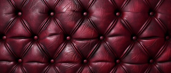 A captivating close-up view showcasing the intricate and ornate tufted pattern of a luxurious burgundy leather upholstery, featuring intricate stitching and metal button