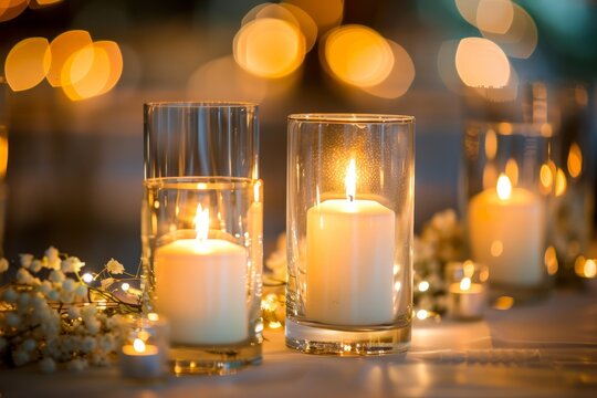 Close up of a table adorned with flickering candles, creating a warm and romantic ambiance for a wedding reception