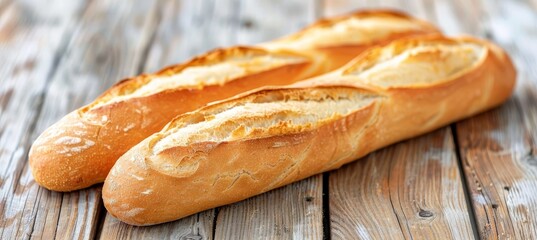 Rustic french baguette displayed on a kitchen table   stock photo of traditional bread