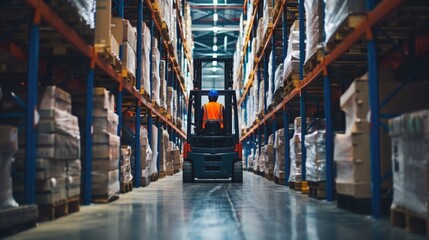 A man operates a forklift in a warehouse, transporting goods amidst shelves of building materials and wooden flooring. AIG41 - obrazy, fototapety, plakaty