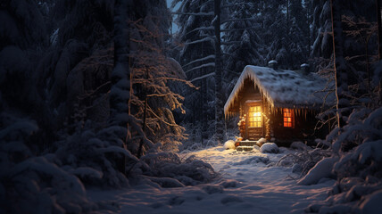 A secluded cabin tucked away in a snowy forest.