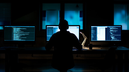 Silhouette of a Programmer Working Late

