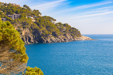 Un paisaje invernal de la costa de Llansa a Calella de Palafrugell, mostrando las azules aguas del Mediterráneo bordeando acantilados y lujosas residencias entre pinos. - obrazy, fototapety, plakaty