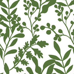 Repeating nature design with flowers and leaves in green color