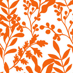 A seamless pattern bursting with colorful autumn leaves in shades of orange - 777106169