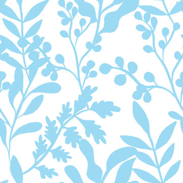 Repeating blue floral and leaf design for wallpapers and fabrics