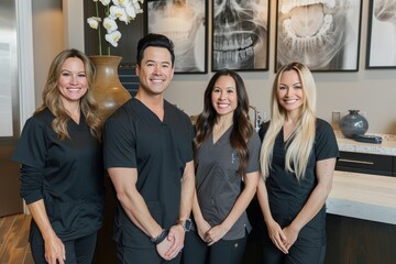 A group of dentists in professional attire posing together for a picture, showcasing teamwork and camaraderie in a dental setting