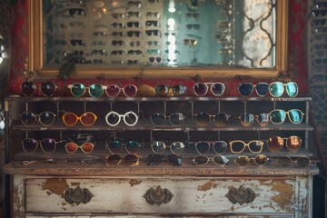 Fototapeta na wymiar A vintage dresser filled with multiple pairs of stylish sunglasses arranged neatly