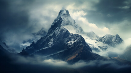 A serene mountain peak shrouded in mist. - obrazy, fototapety, plakaty