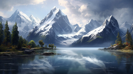 A serene lake nestled between towering snow-capped mountains.